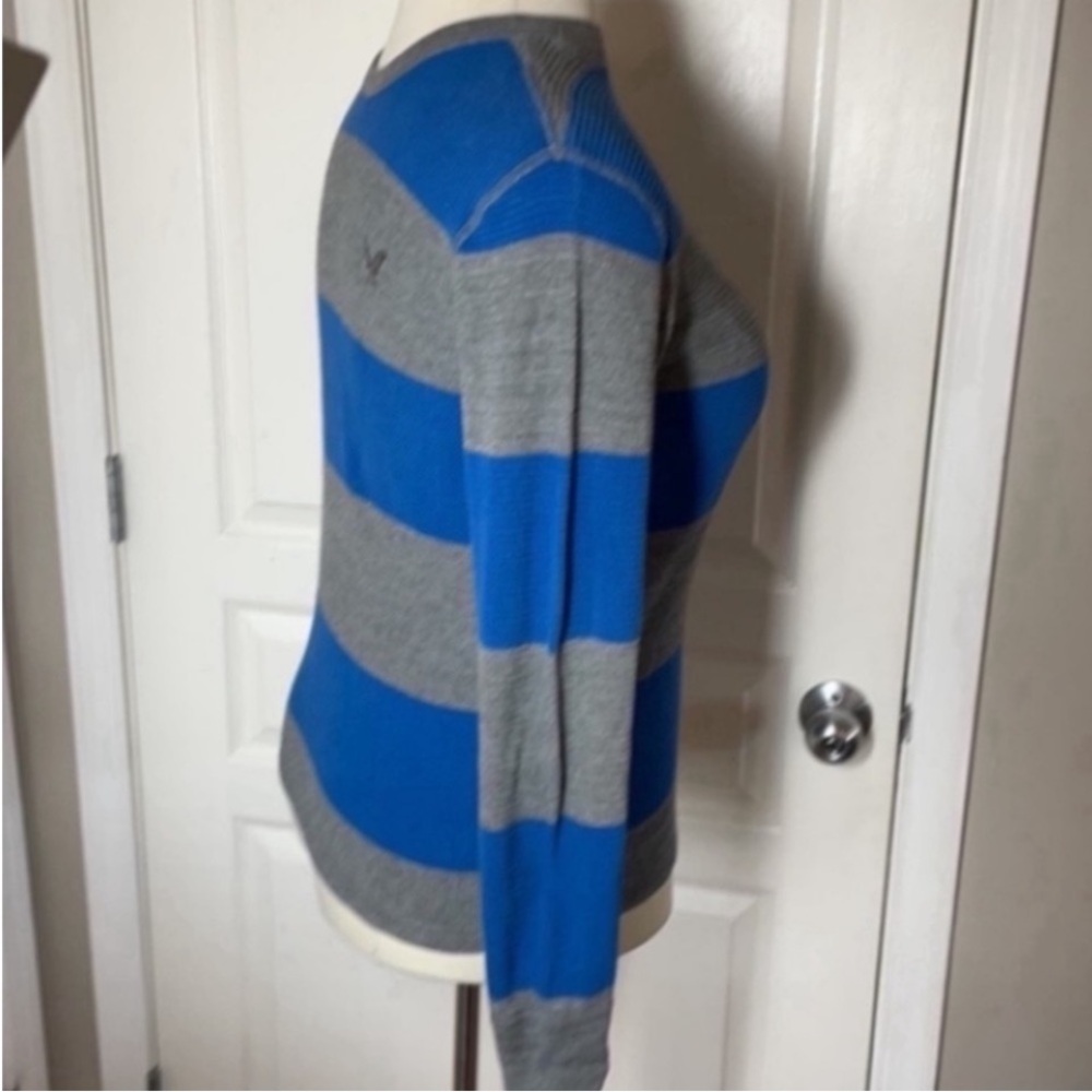 American Eagle Shirt Thermal Striped Sweater Gray Blue Long Sleeve Stripes Knit - Picture 3 of 16